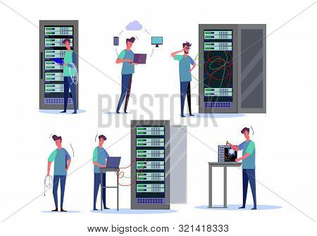 System Administrator Job Set. Hardware Professional Setting Up Desktop, Cloud Server, Holding Cords.