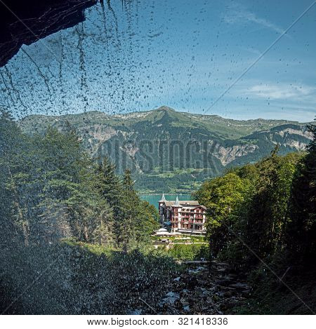 A Postcard Photo Of The Giessbach Falls And Hotel In Central Switzerland. Taken From Perspective Of 