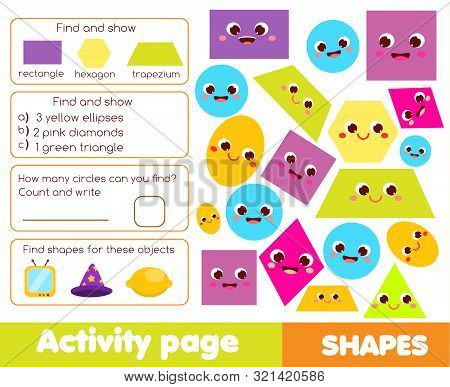Shapes Activity Page For Kids. Educational Children Game List For Learning Geometric Forms