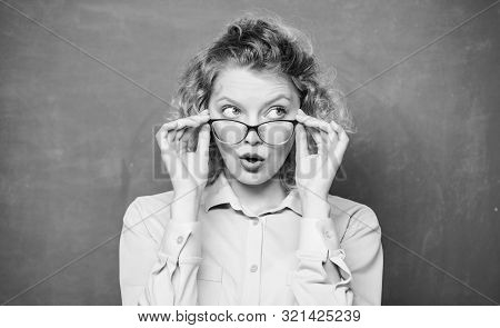 New School Year. Girl Prepare For Exam. Surprised Student In Glasses At Blackboard. Back To School. 