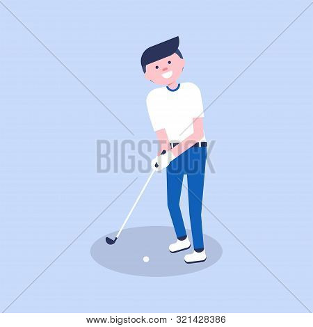 Golf Cartoon Player In Modern Flat Style. Golf Equipment Icon. Isolated Character Playing Golf And H