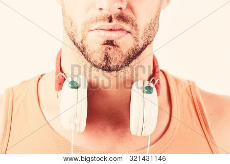 Sale Discount. Enjoy Perfect Music Sound Headphones. Man Listening Music Headphones White Background