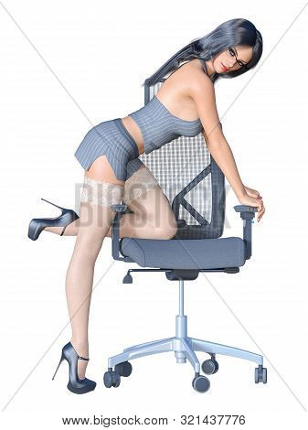 Long-haired Sexy Brunette Secretary Uniform White Stocking.short Mini Skirt Striped Jacket.beautiful