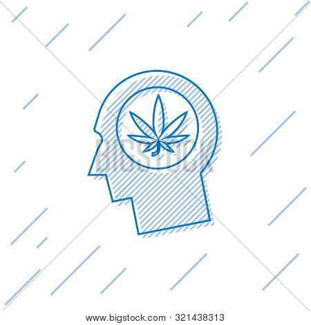 Blue Line Silhouette Of Male Head In Profile With Marijuana Or Cannabis Leaf Icon Isolated On White 