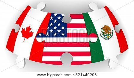 Cooperation Of Usa, Canada And Mexico. Puzzles With Flags Of United States Of America, Canada And Me