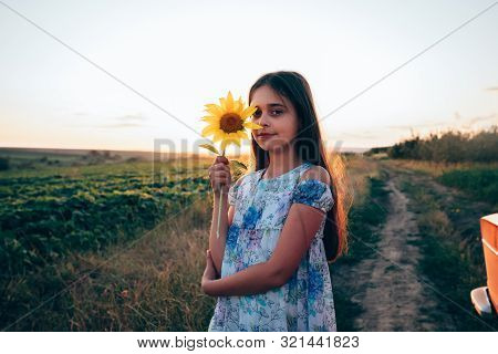Calmy Beautiful Brunette Teen Girl Standing Among The Field With Sunflower Near Her Head, Wearing Dr