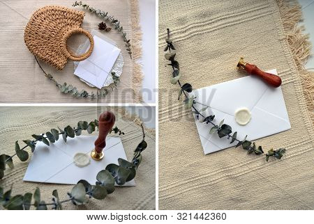 Collage. Scene Envelope With Calque, Cone, Woven Straw Bag, Decorative Saucer And Dry Eucalyptus. El