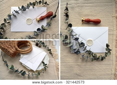 Set Of Scene Envelope With Calque, Cone, Woven Straw Bag, Decorative Saucer And Dry Eucalyptus. Eleg