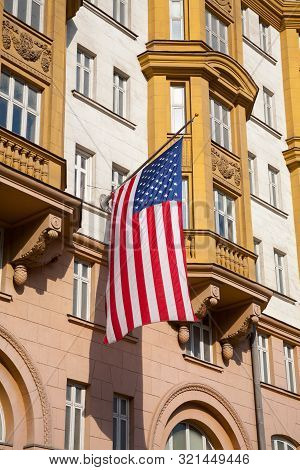 Moscow, Russia - September 9, 2019: American Flag On The Facade Of Us Embassy Building On Novinsky B