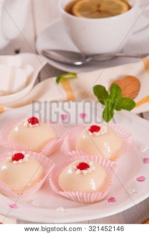 Sicilian Ricotta Cake (cassata) On White Dish.