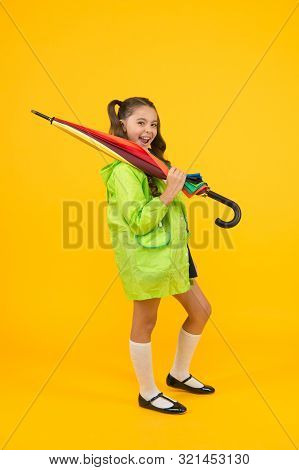 Autumn Weather. Totally Ready. Schoolgirl With Umbrella Wear Waterproof Raincoat. Autumn Rain. Going