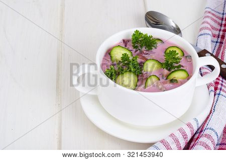 Cold Beet Soup With Cucumbers. Studio Photo