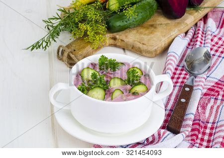 Cold Beet Soup With Cucumbers. Studio Photo