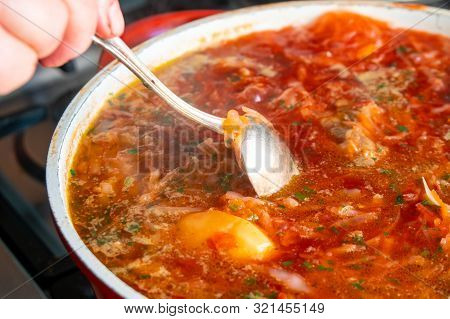 A Bowl Of Red Ukrainian Borshch (borsh), Healthy Food.