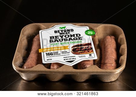 Morgantown, Wv - 10 September 2019: Packaging For Beyond Meat Beyond Plant-based Sausage On Steel Ta