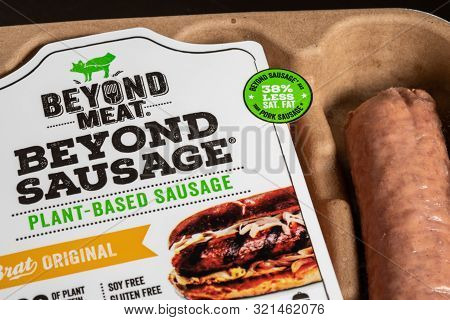 Morgantown, Wv - 10 September 2019: Packaging For Beyond Meat Beyond Plant-based Sausage On Steel Ta