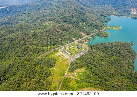 aerial landscape with famous Xiangshan Visitor Center at Sun Moon Lake, Nantou, Taiwan