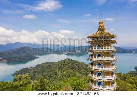Aerial view of Ci En Pagoda at Sun Moon Lake in Nantou, Taiwan
