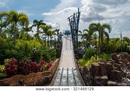 Orlando, Florida. August 28, 2019. People Enjoying Amazing Infinity Falls Attraction At Seaworld 331