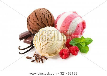 Various ice cream balls garnished with mint, raspbeeries and chocolate isolated on white background, top view