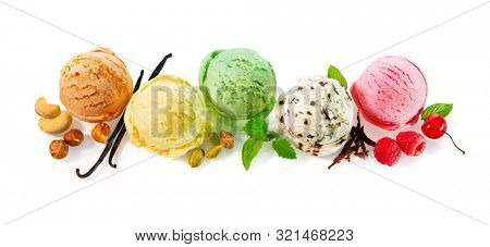 Various ice cream balls garnished with mint, pistachio, raspbeeries, cherry, nuts, vanilla beans and chocolate isolated on white background, top view