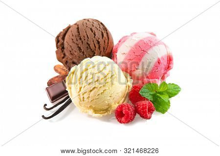 Various ice cream balls garnished with mint, raspbeeries and chocolate isolated on white background, top view