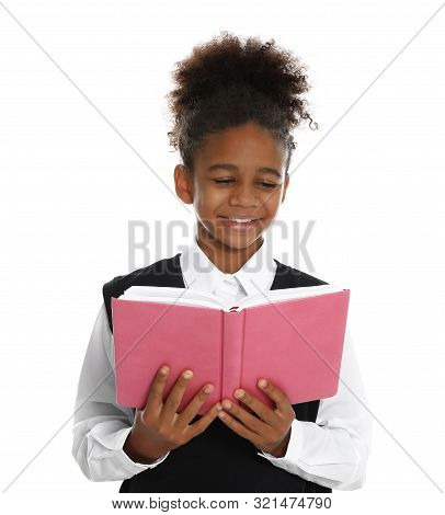 Happy African-american Girl In School Uniform Reading Book On White Background
