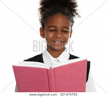 Happy African-american Girl In School Uniform Reading Book On White Background
