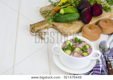 Cold Beet Soup With Cucumbers. Studio Photo