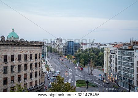 Belgrade, Serbia - August 2, 2015: Belgrade At Sunset Seen From The Beginning Of King Alexander Boul