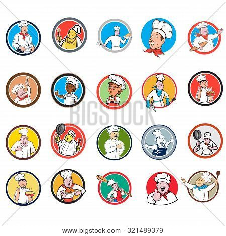 Set Or Collection Of Cartoon Character Style Illustration Of Bust Of A Chef, Baker Or Cook Inside Ci