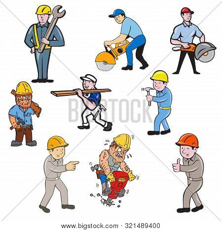 Set Or Collection Of Cartoon Character Style Illustration Of Construction Worker, Carpenter,engineer