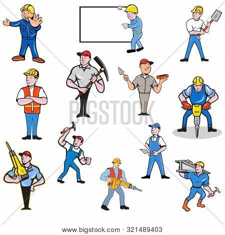 Set Or Collection Of Cartoon Character Style Illustration Of Construction Worker, Carpenter,engineer