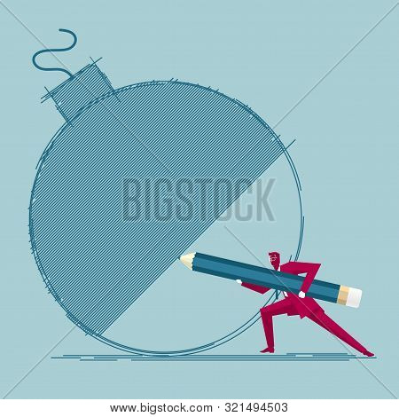 Businessman Draws Magnet. Isolated On Blue Background.