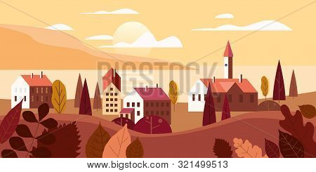 Autumn Landscape Sea Ocean Buildings, Hills And Trees Mountains Lake Sun In Trendy Minimal Geometric