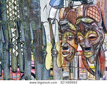 Close Up Of Hand Carved Wooden African Masks