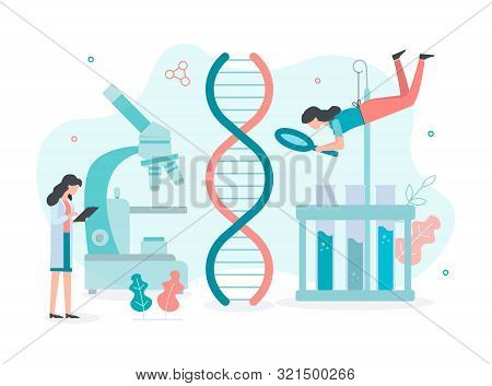 Scientists Examine The Genome In A Research Laboratory. Dna Research Concept. Flat Vector Illustrati