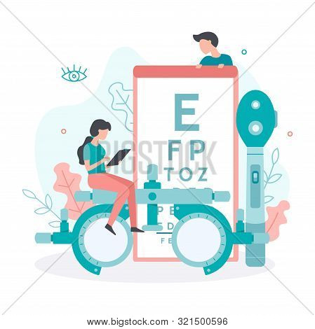 A Team Of Ophthalmologists And Vision Checks. Ophthalmology Concept With Tiny People. Flat Vector Il
