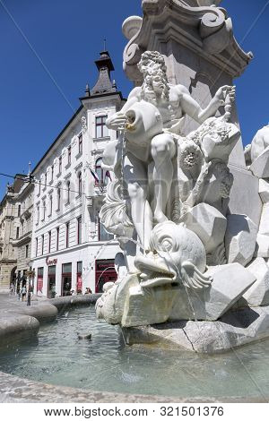 Ljubljana, Slovenia - August 15, 2019: The Fountain Of Three Carniolan Rivers In Ljubljana. The Foun