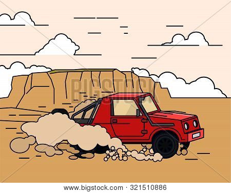 Off Road Landscape Poster. Driving In Mountains. 4x4 Car. Editable Vector Illustration In Bright Col