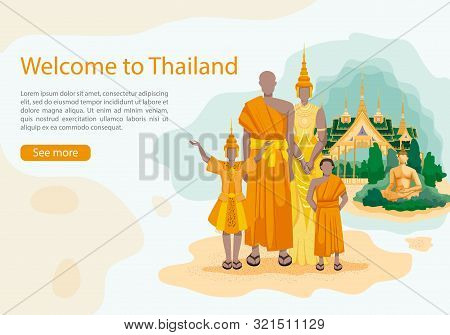 Residents Thailand In National Costume On Background Buddha And Palace. National Clothes. Vector Ill