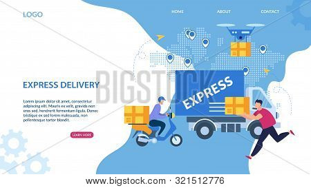 Informative Banner Express Delivery Lettering. Lunch In Short Time. Poster Foot Delivery And By Tran