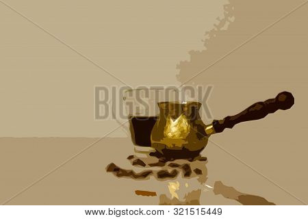 Bronze Cezve With Highlights On The Surface And A Cup Of Coffee. Grains Of Coffee On The Table. Refl