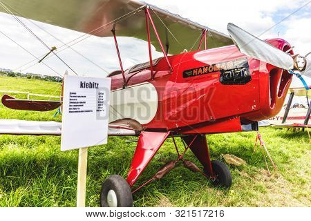KALININGRAD, Russia - August 18, 2019: 100 Anniversary First European Airport Devau Fest, Ultra Light Propeller Screw Plane Ready for Flight