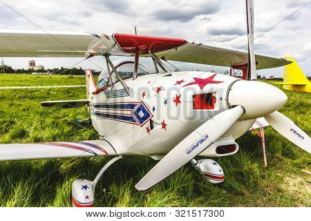 KALININGRAD, Russia - August 18, 2019: 100 Anniversary First European Airport Devau Fest, Ultra Light Propeller Screw Plane Ready for Flight
