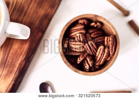 Pecans In A Bowl Top View, Concept Healthy Food, Diet, Healthy Fats, Unsaturated Fats