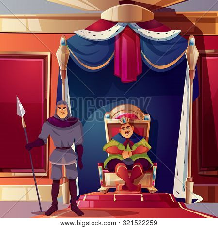 Throne Room With King And His Severe Guard. Background With Castle Hall, Royal Canopy With Fur. Inte