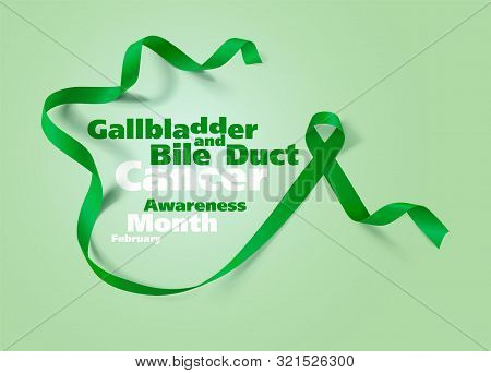 Gallbladder And Bile Duct Cancer Awareness Calligraphy Poster Design. Realistic Kelly Green Ribbon. 