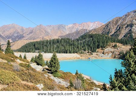 Spectacular Scenic Big Almaty Lake In Thetien Shan Mountains In Almaty, Kazakhstan, Central Asia
