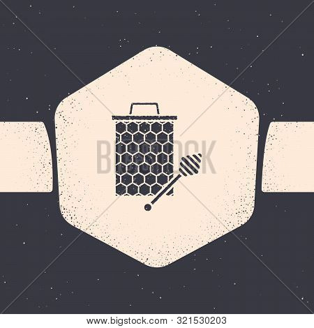 Grunge Honeycomb With Honey Dipper Stickicon Isolated On Grey Background. Honey Ladle. Honey Cells S